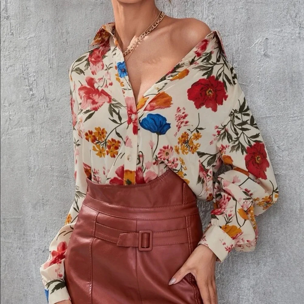 Floral blouse button collar shirt summer spring top flower long sleeve shirt - Picture 5 of 6